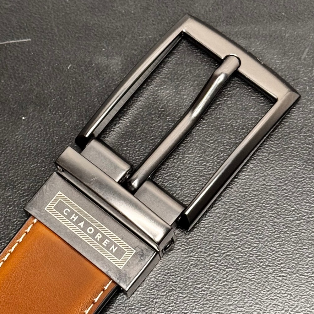 New CHAOREN Mens Reversible Belt Black Brown Leather Silver Buckle Size 32‎